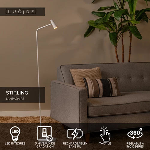 Lucide STIRLING - Lampadaire Rechargeable - Batterie/Piles - LED 3 StepDim - 1x3W 2700K - Blanc - USP